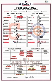 2016 Cleveland Indians vs Chicago Cubs World Series Game 3 Lineup Card From Indians Dugout (MLB Authenticated)